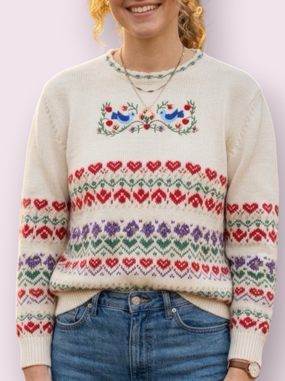 Vintage Northern Isles Bluebird Fair Isle Sweater Size L Cottagecore Grandmacore